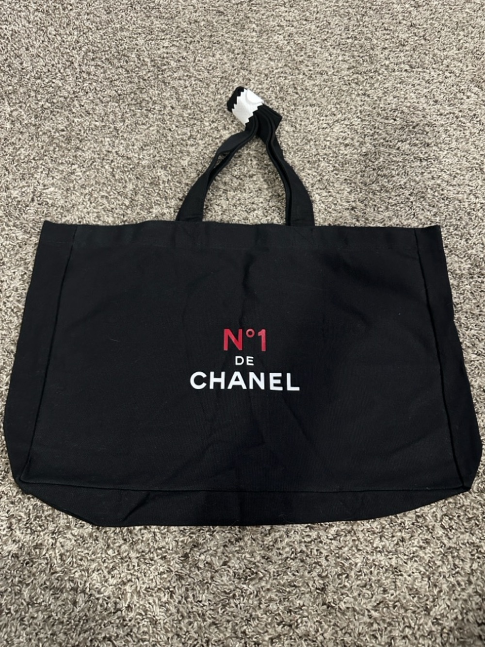 CHANEL Black Canvas Tote with White and Red Logo GWP